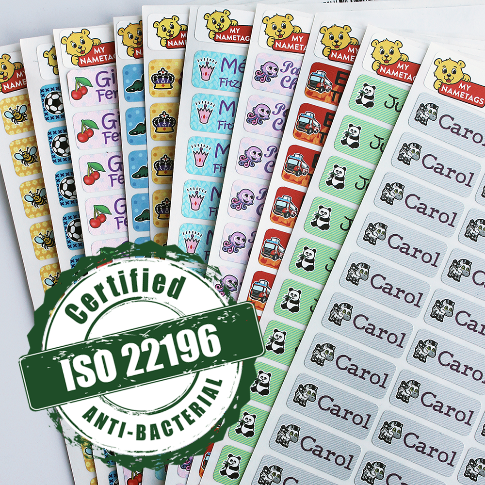 My Nametags antibacterial name labels with the ISO 22196 test mark