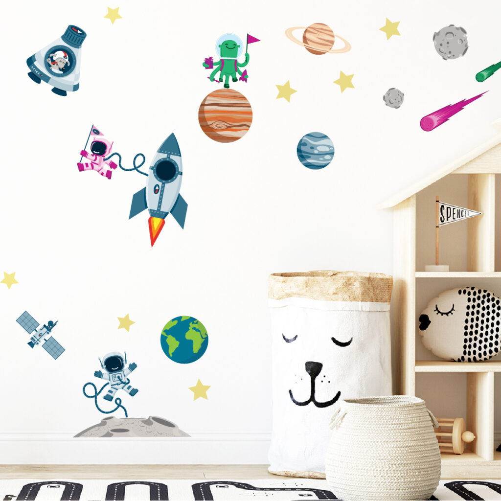 My Nametags space-themed wall stickers in a child's bedroom