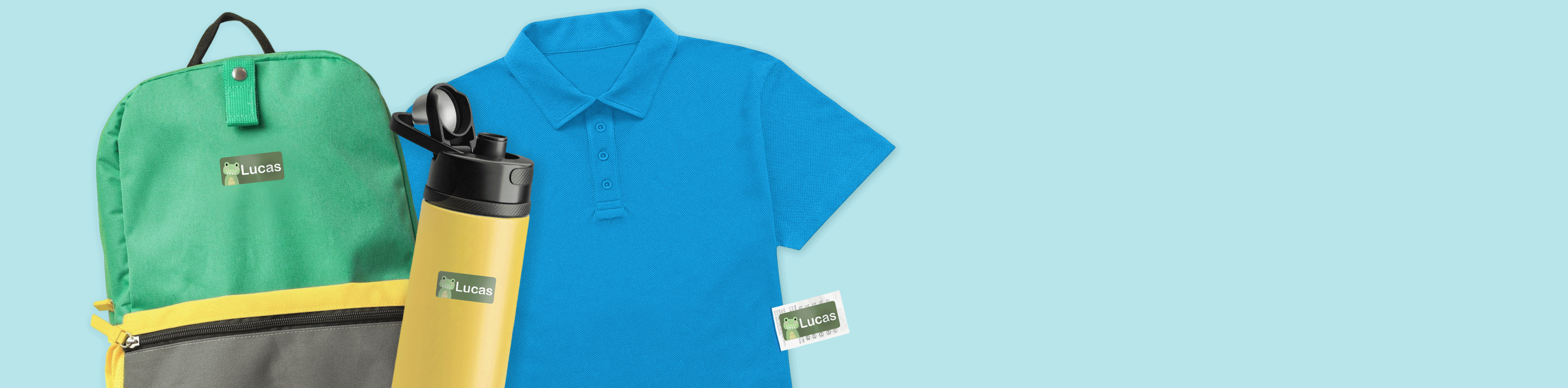 Clothing, a water bottle and a school bag with personalised name stickers