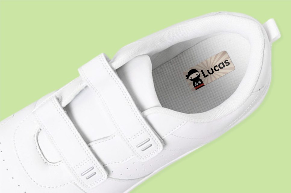 A shoe with a personalised name label inside