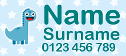 My Nametags label with blue dinosau, name, surname and a telephone number, on a light blue stared background